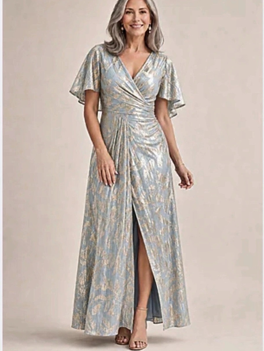 Adrianna Papell Foil Leaf Short Sleeve Gown With Draped Details Blue & Gold